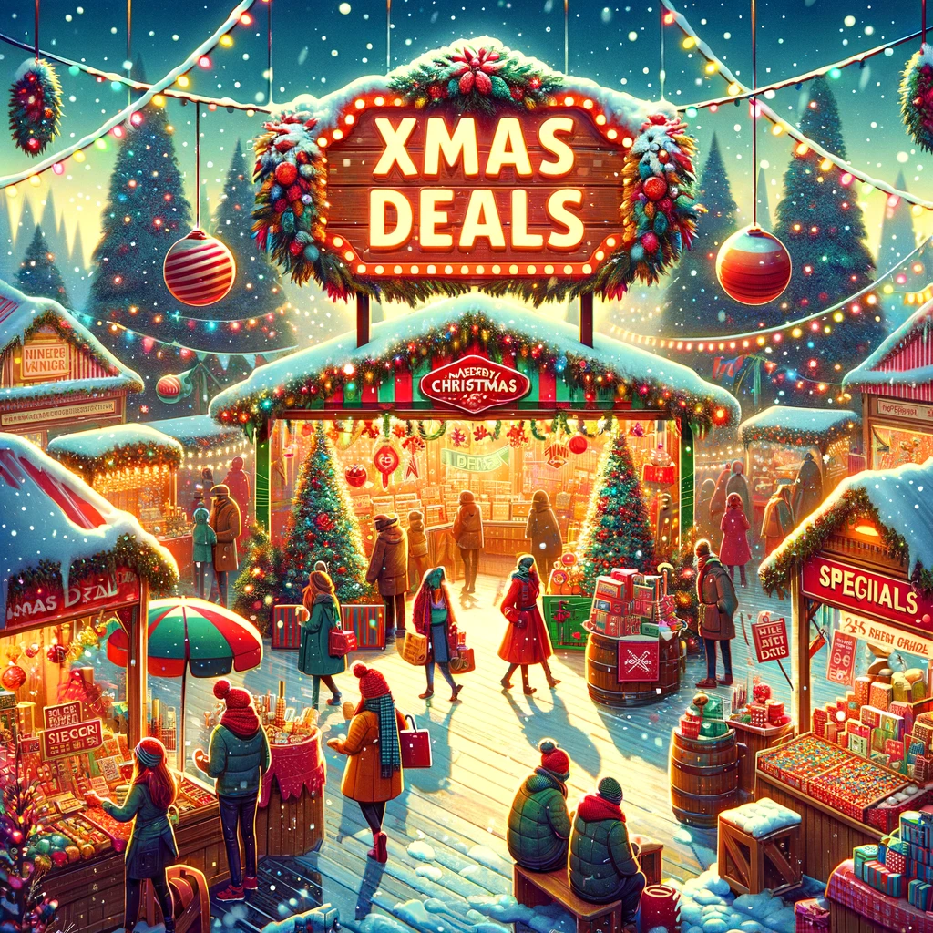 A vibrant and festive image for a Christmas deals blog. The scene includes a bustling holiday market with stalls offering various Christmas deals
